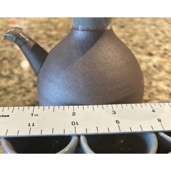 Japanese OMC Hand Glazed Sake Carafe & 6 Cups Set Mid Century Art Pottery - Picture 10 of 12